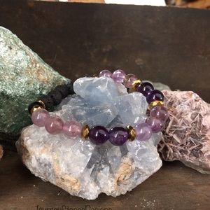 Amethyst, Auralite 23, Obsidian and Lava Beaded Bracelet. 8mm Energy Bracelet.